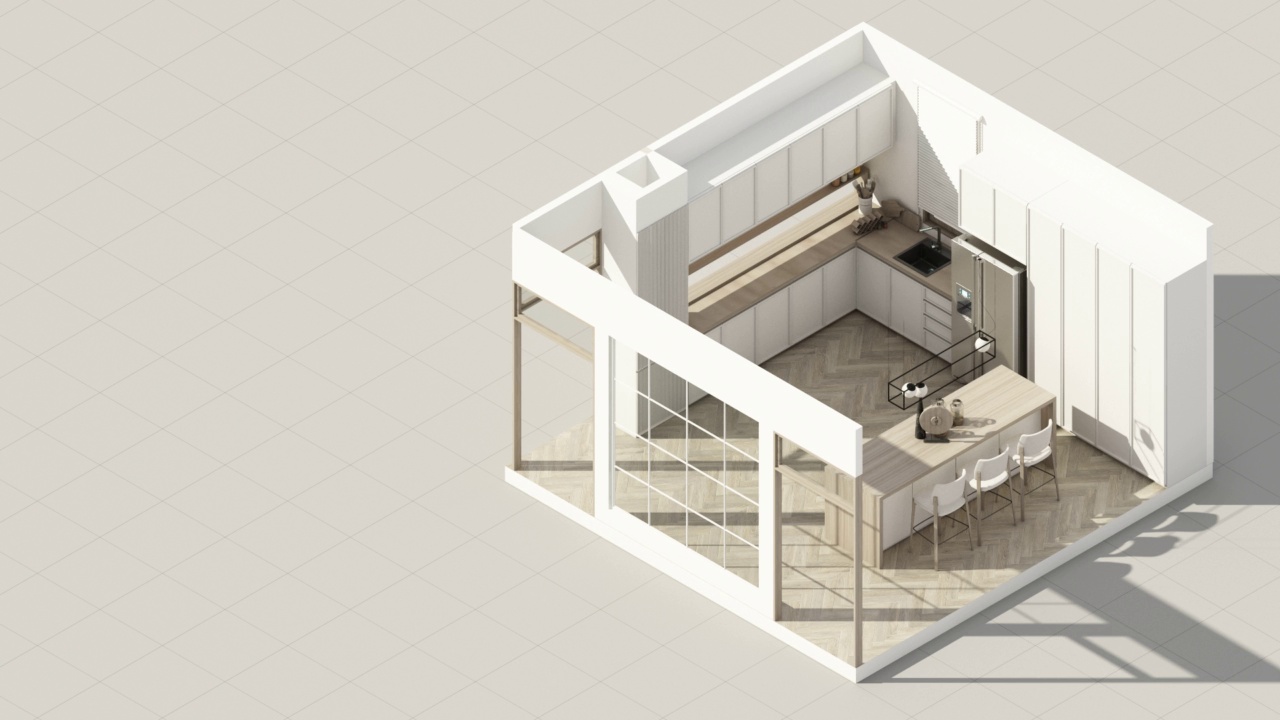 厨房内部采用复古极简主义风格。在公寓中，在镶木地板和框架走道上使用木质材料和浅灰色布料，大窗户3d渲染等距视频素材
