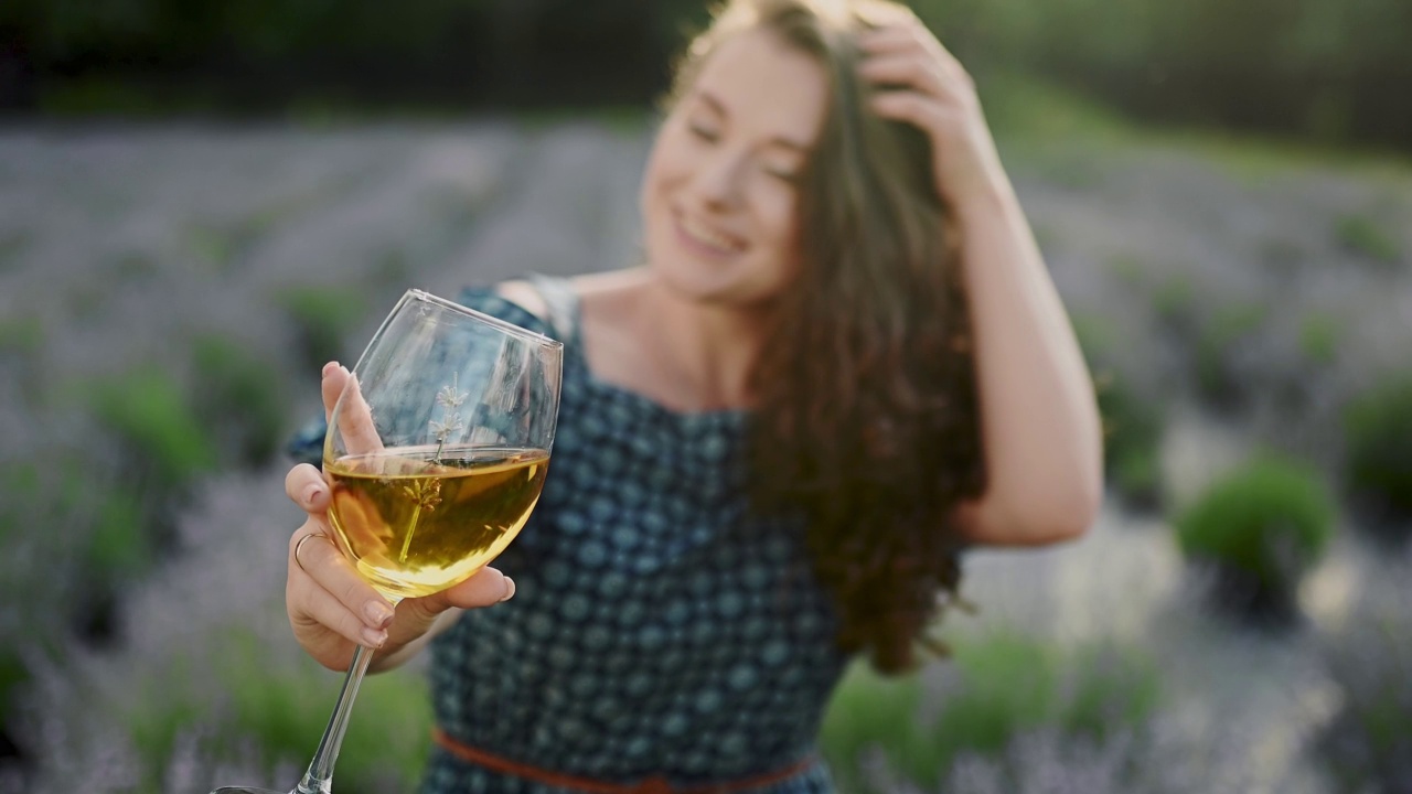 成年黑发卷毛女子正手持酒杯，品酒时端着葡萄酒和薰衣草，观看颜色，近距离观看，聚焦于酒杯视频下载