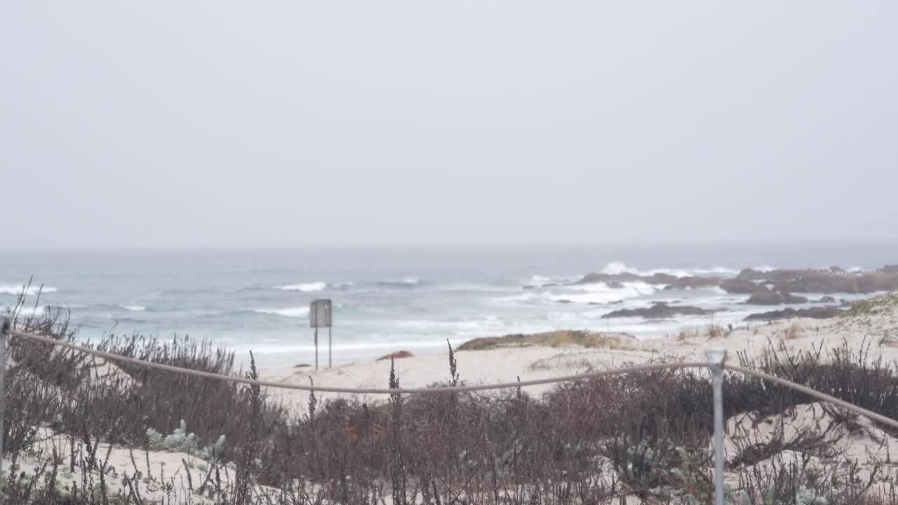 海洋海滩沙丘，加利福尼亚雾蒙蒙的海岸。多雾多雨的天气，寒冷的大海。视频素材