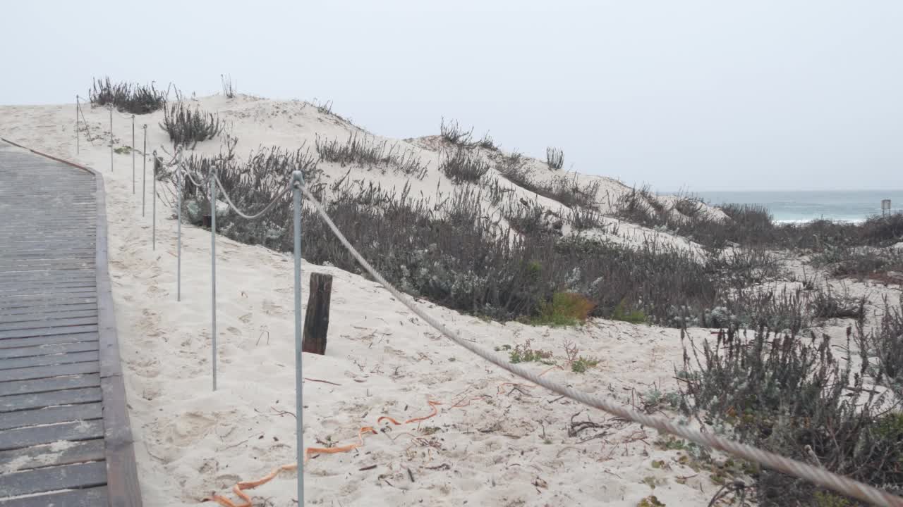 海洋海滩沙丘，加利福尼亚雾蒙蒙的海岸。多雾多雨的天气，寒冷的大海。视频素材