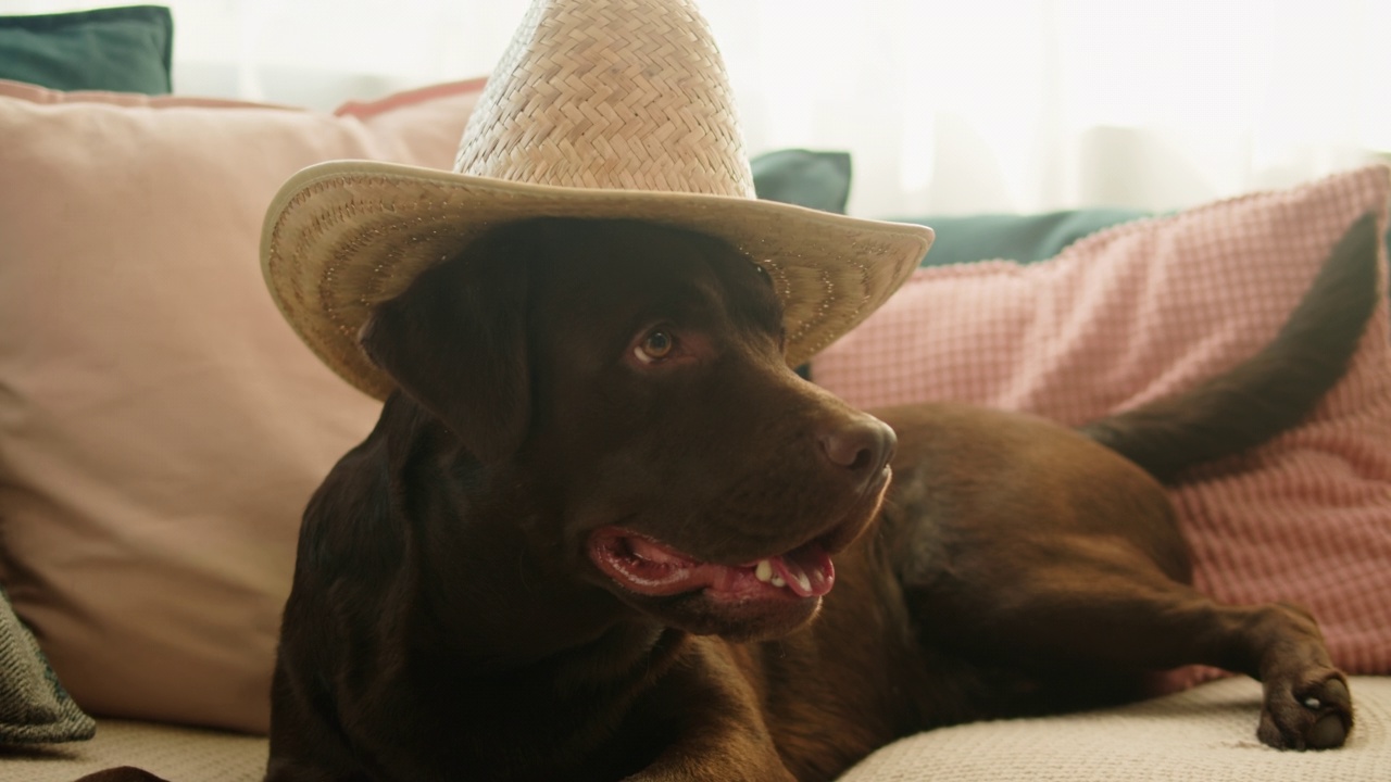 戴着帽子的拉布拉多犬特写。棕色寻回犬躺在客厅沙发上，听话的狗狗摆姿势。快乐的家养动物概念，最好的朋友，小狗在家放松，吐舌头呼吸。视频素材