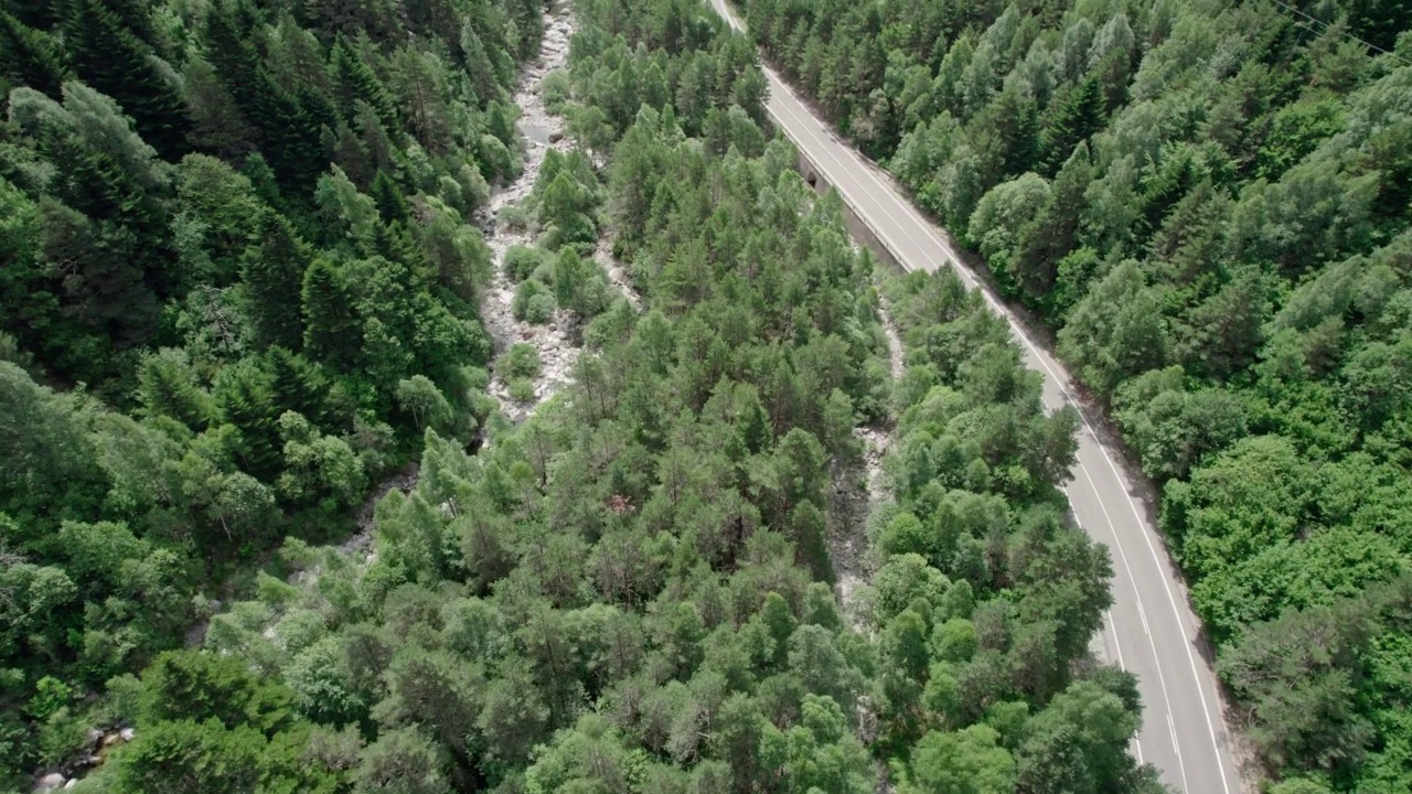 高山谷中的柏油路。在它旁边，一条山间河流蜿蜒在树林之间。视频素材