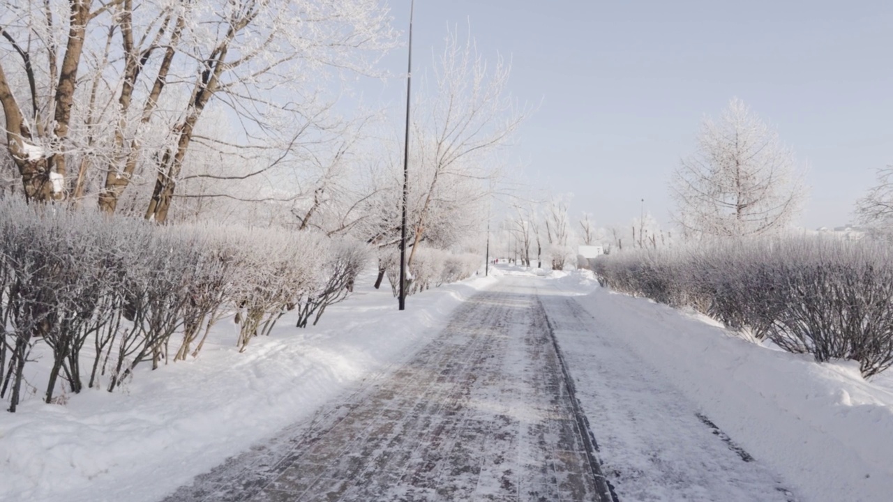 城市公园里白雪覆盖的小路视频素材