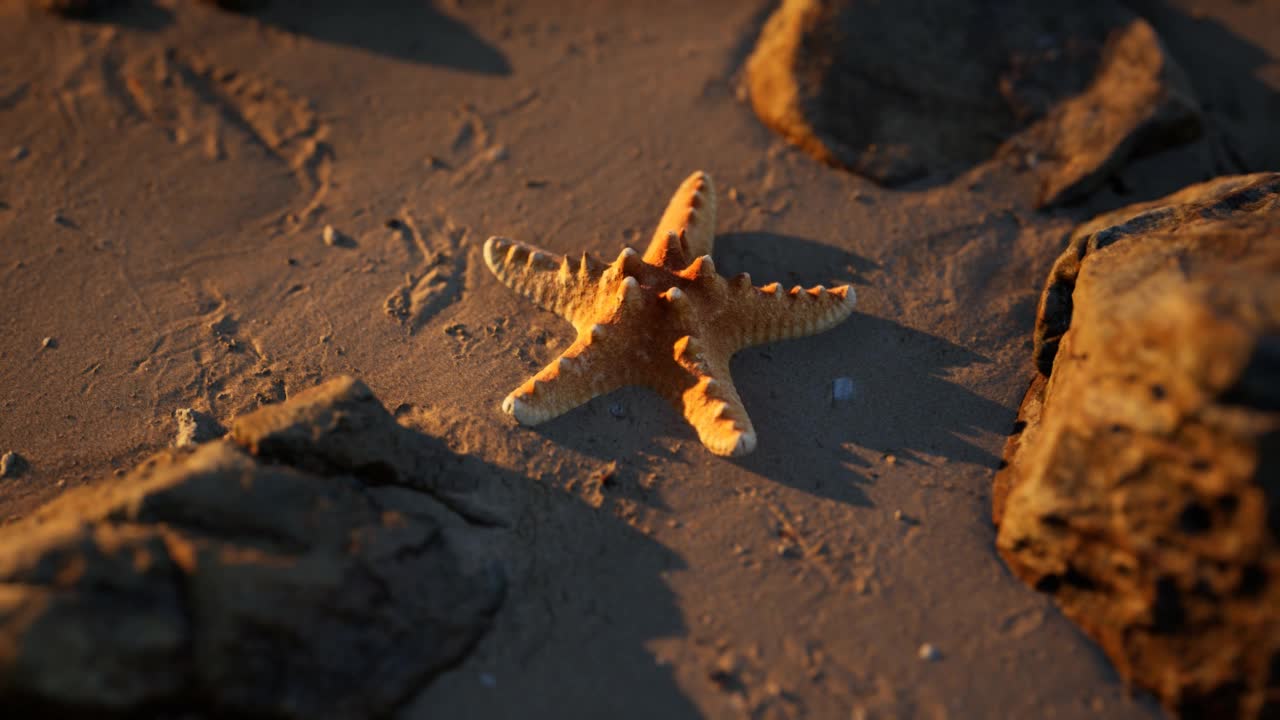 夕阳下沙滩上的海星视频素材