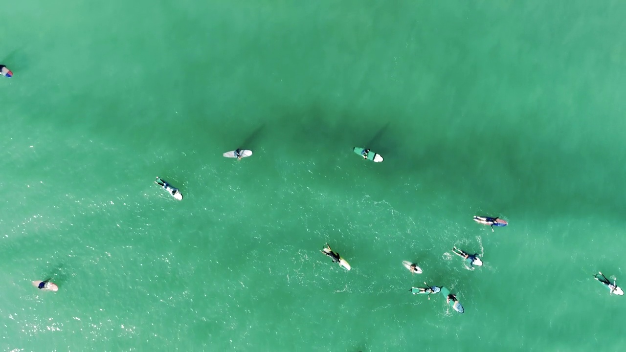 从空中俯视海上冲浪者等待海浪的画面4K视频素材