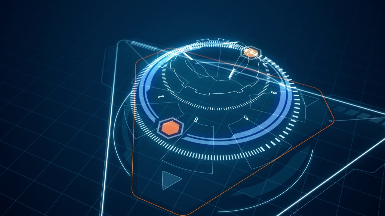 带有抬头显示(HUD UI)技术界面和未来主义元素抽象背景的3D蓝色三角形和圆圈旋转运动图形视频素材