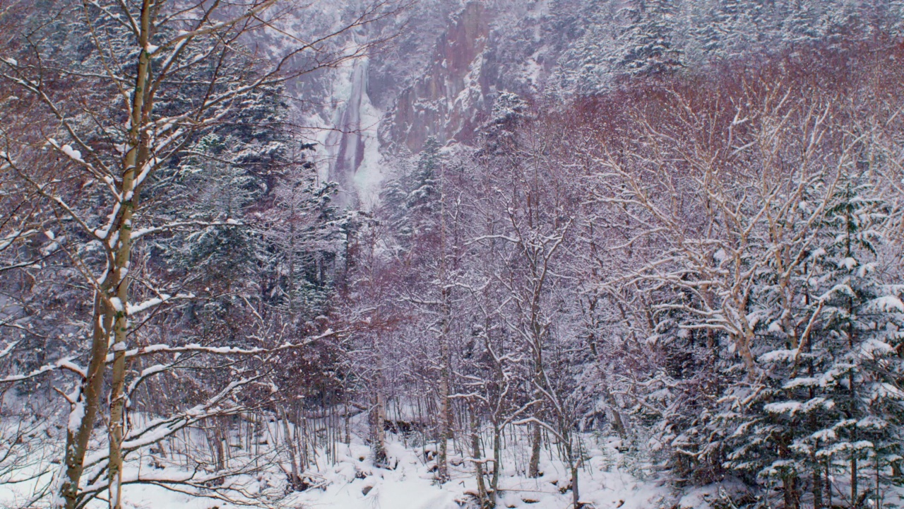 暴风雪中的冰冻瀑布视频素材