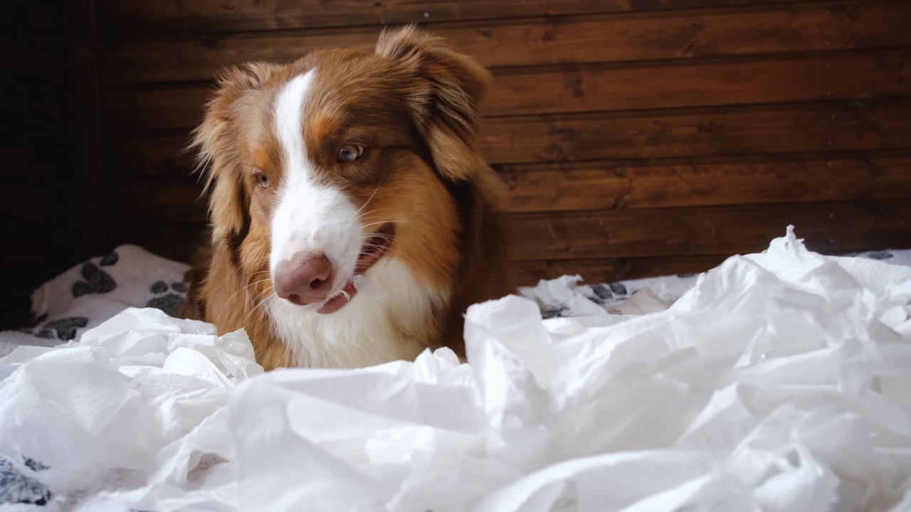 一只澳大利亚牧羊犬在床上弄得一团糟，撕毁并吃掉了好几卷厕纸。视频素材