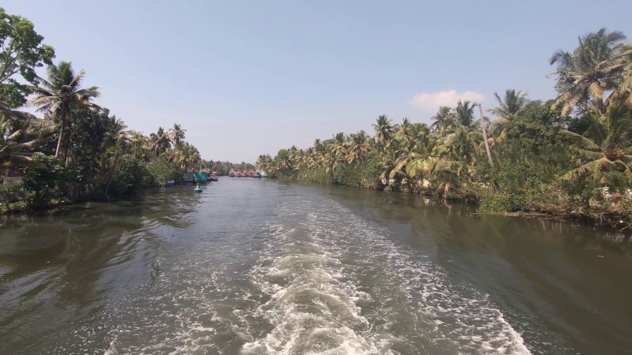 印度Alappuzha，沿着丛林森林包围的Vembanad湖乘船旅行视频素材