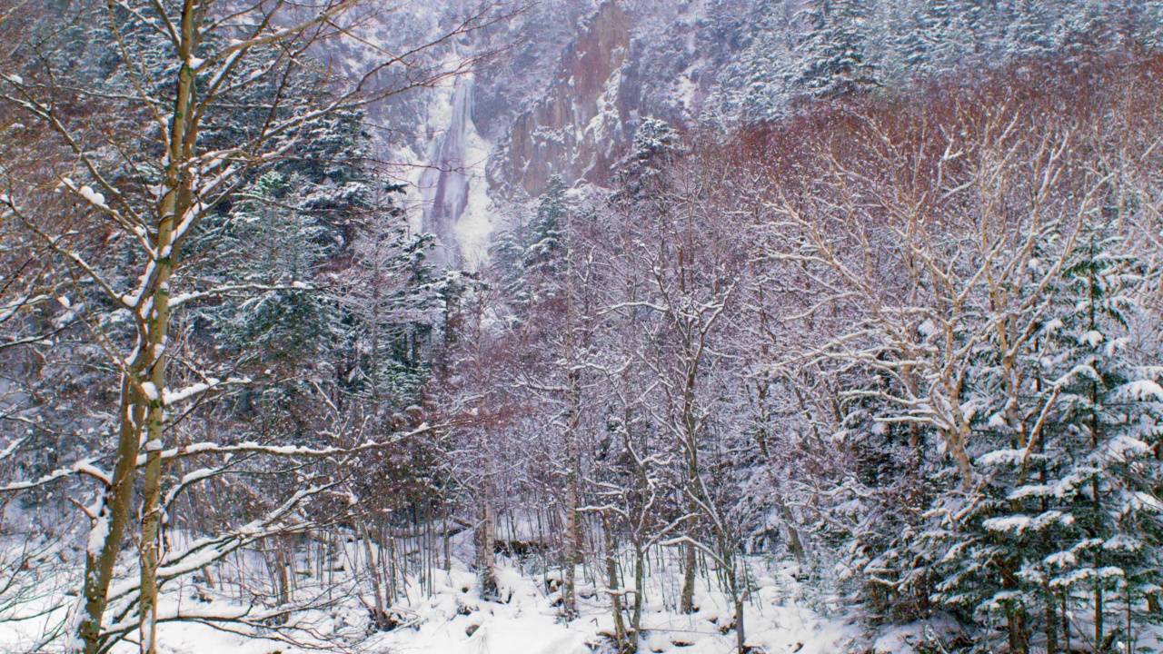 暴风雪中的冰冻瀑布视频素材