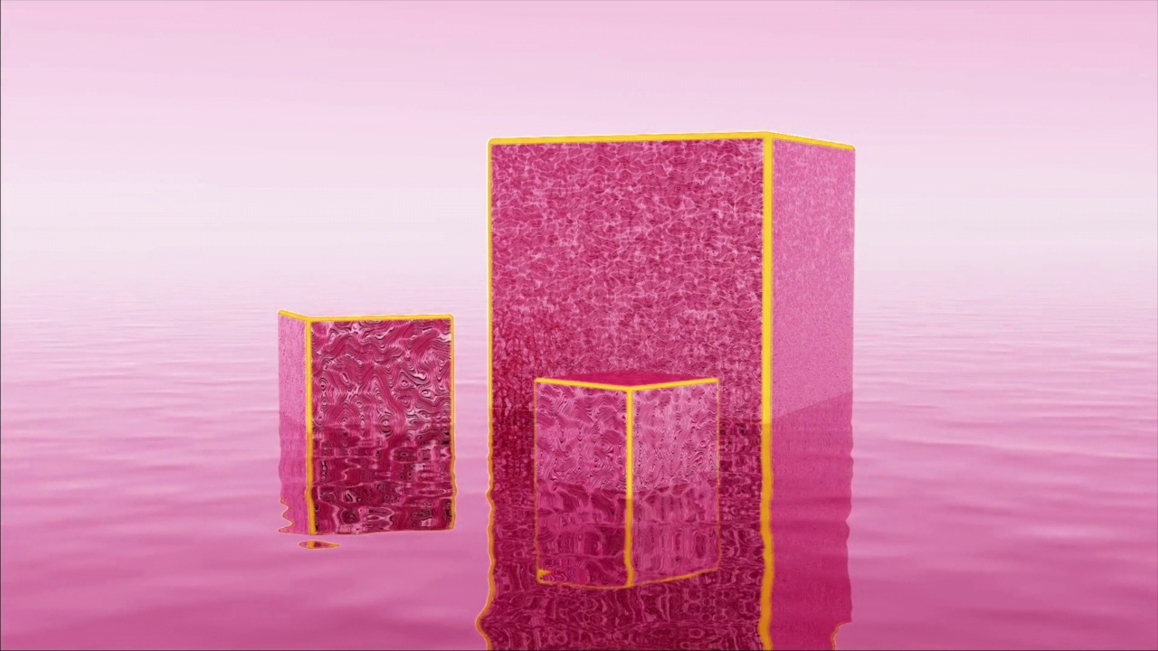 抽象的彩色背景，明亮的三个立方体站在水面上。设计。超现实景观中的粗糙表面的粉色3D立体人物视频素材