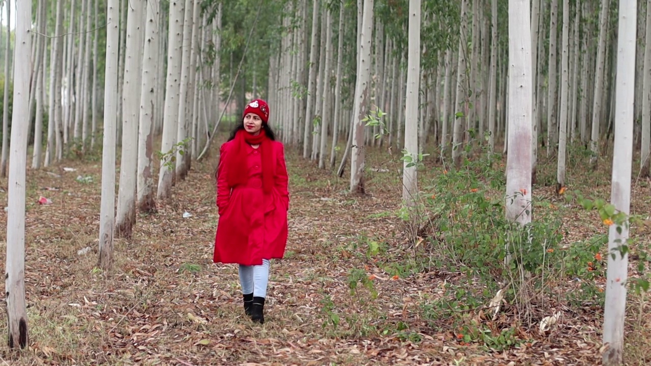 跟踪拍摄在树林里行走的女人视频素材