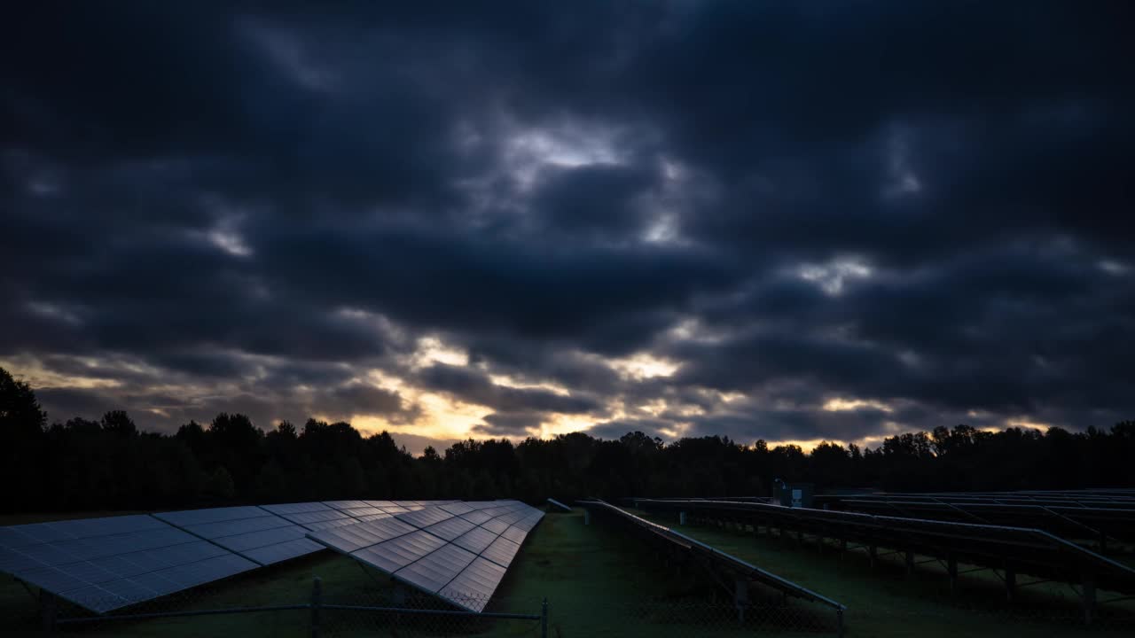 太阳能农场多云的早晨-时间流逝视频素材