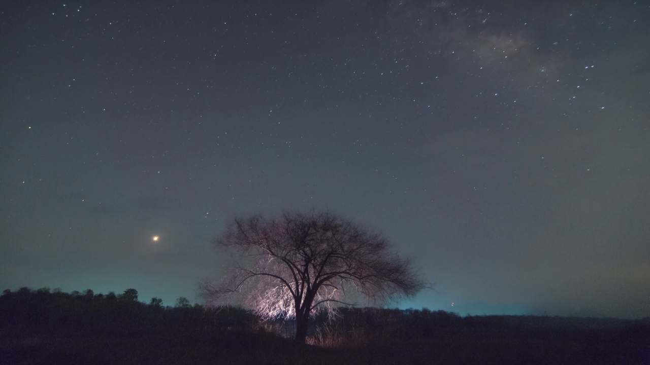 视频4K时间推移银河系移动过树脊。黑夜从黑夜转到白天。星空之夜，泰国南邦，星空下的星星。视频素材