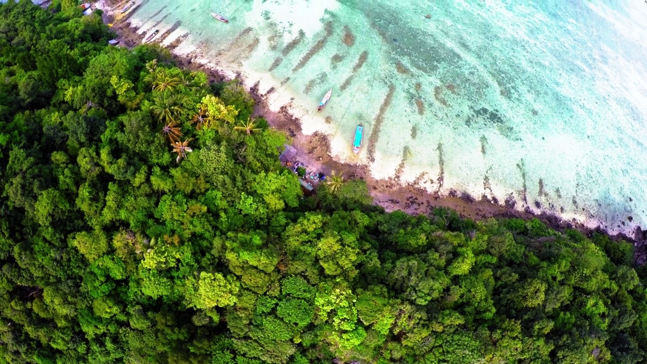 空中风景拍摄的绿松石海，无人机飞行向前越过绿树-曼谷，泰国视频素材