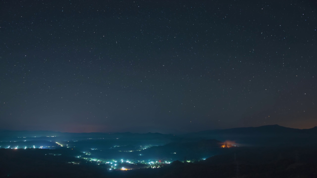 4K延时视频运动的夜空与圆形的星星轨迹在山前景庞普艾，湄莫，南邦，泰国。视频素材