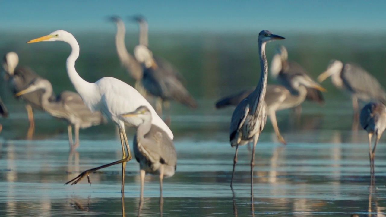 鸟类市场-一群苍鹭(Ardea cinerea)和一只大白鹭(Ardea alba)休息在一个阳光明媚的夏天晚上的浅水。视频素材