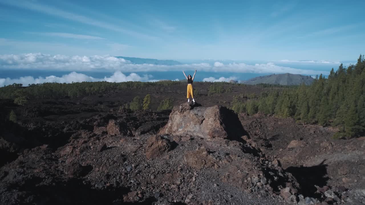 一位年轻的女游客爬上了一块火山石的顶部。在特内里费岛上的泰德火山国家公园，一座高耸入云的山。从观景台上可以看到拉戈梅拉岛和拉帕尔马岛令人难以置信的景色视频素材