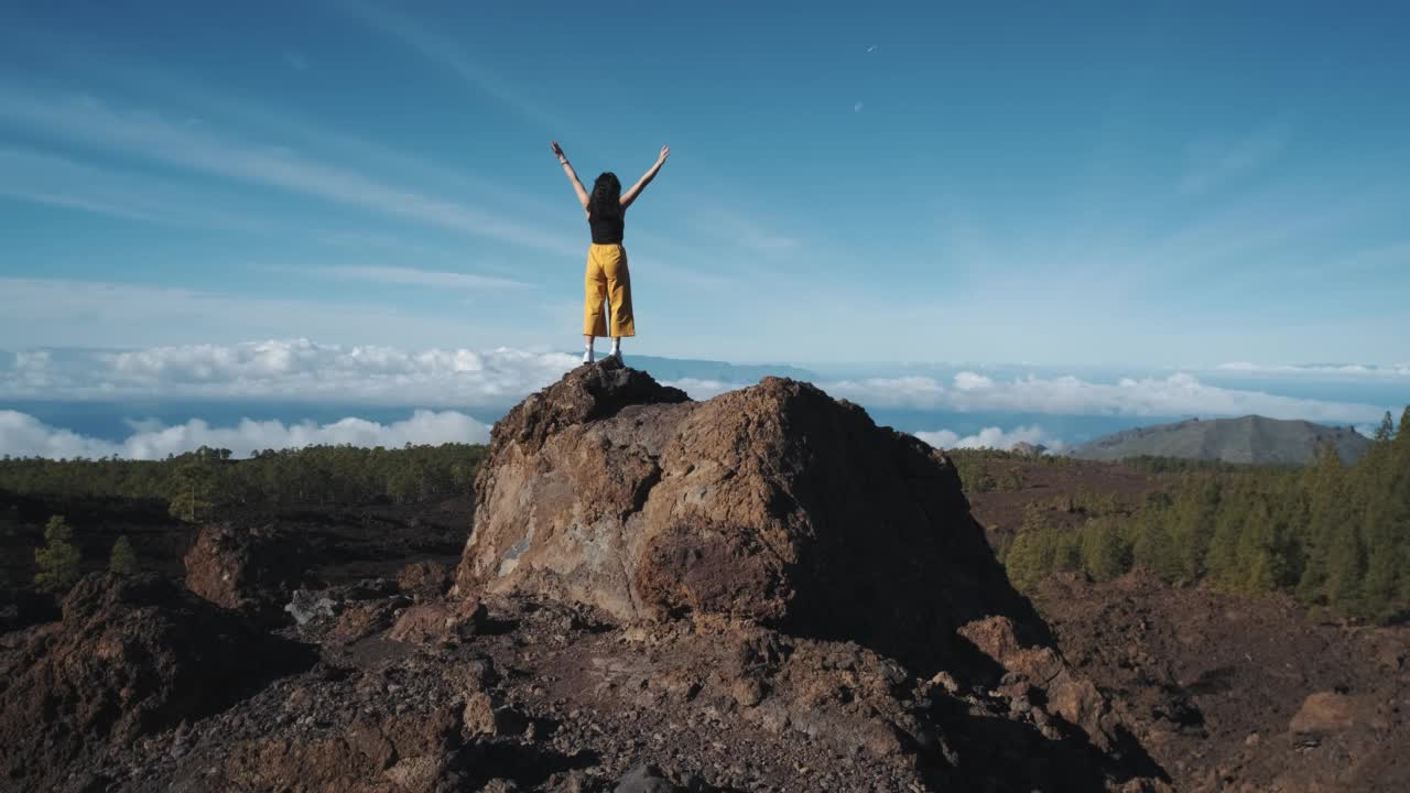 一位年轻的女游客爬上了一块火山石的顶部。在特内里费岛上的泰德火山国家公园，一座高耸入云的山。从观景台上可以看到拉戈梅拉岛和拉帕尔马岛令人难以置信的景色视频素材