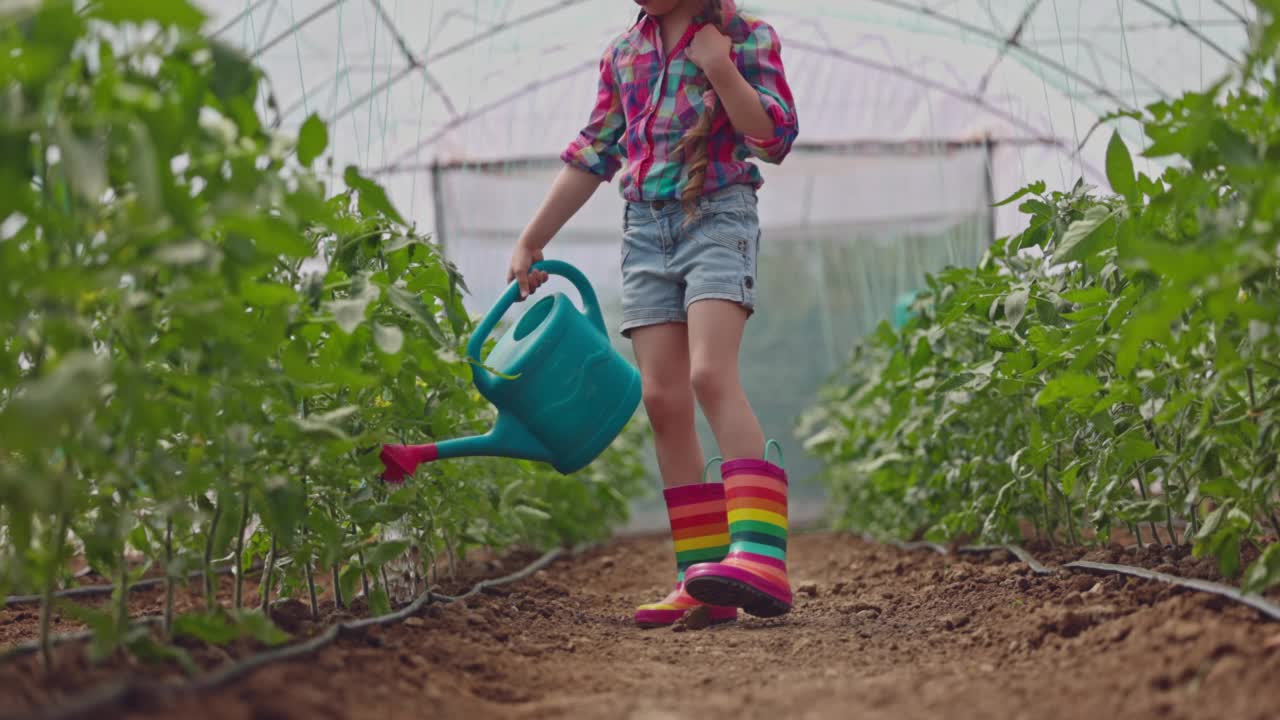 在温室里，女农民用浇水罐给番茄幼苗浇水。有机食物及蔬菜视频素材