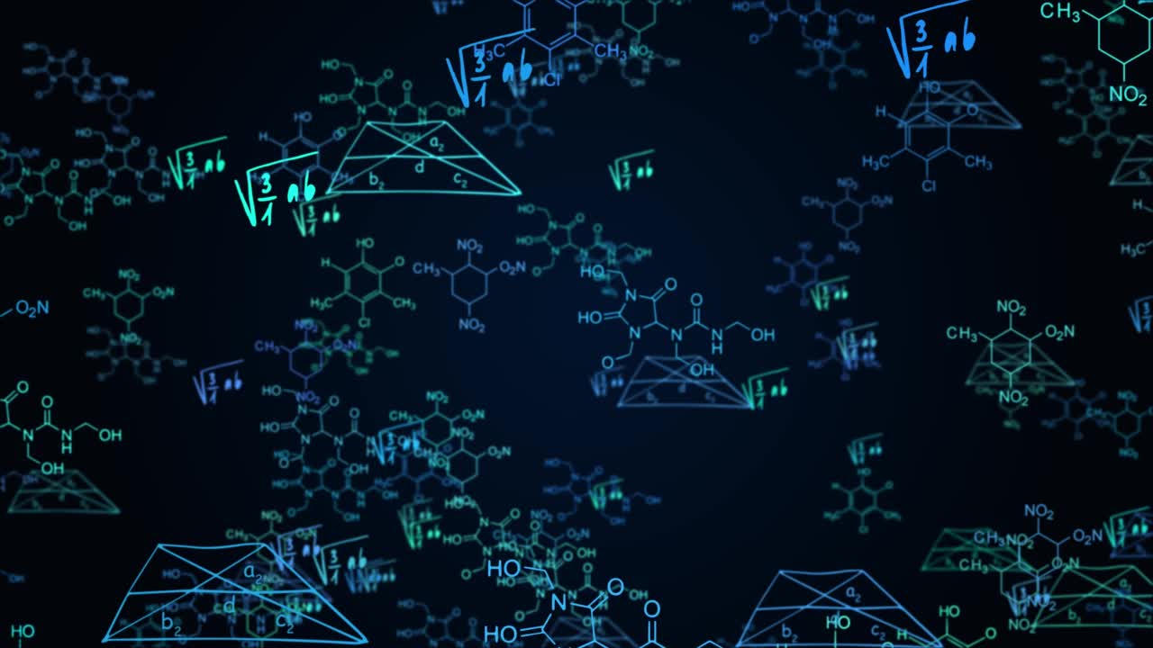 在虚拟空间循环背景中编写和移动抽象的数学公式。视频素材