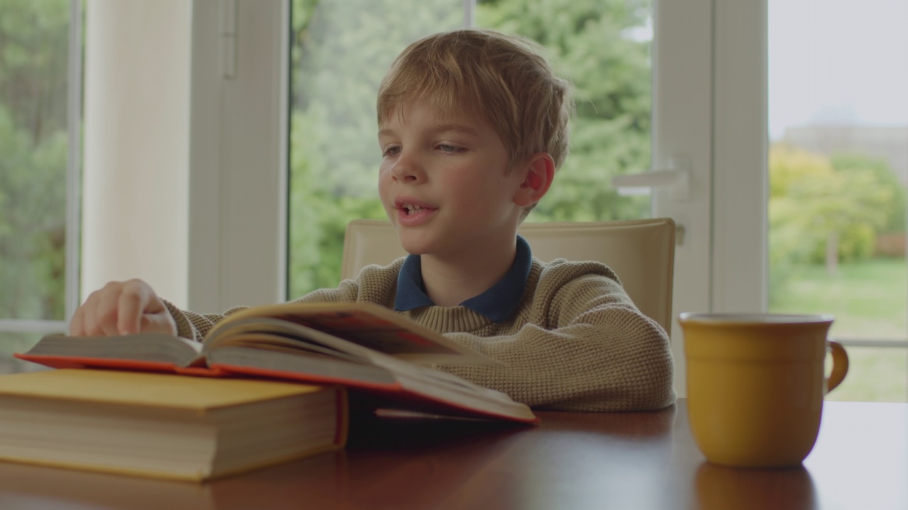 学校的孩子独自坐在家里的桌子旁阅读纸质书。可爱的金发男孩在家里学习。视频素材