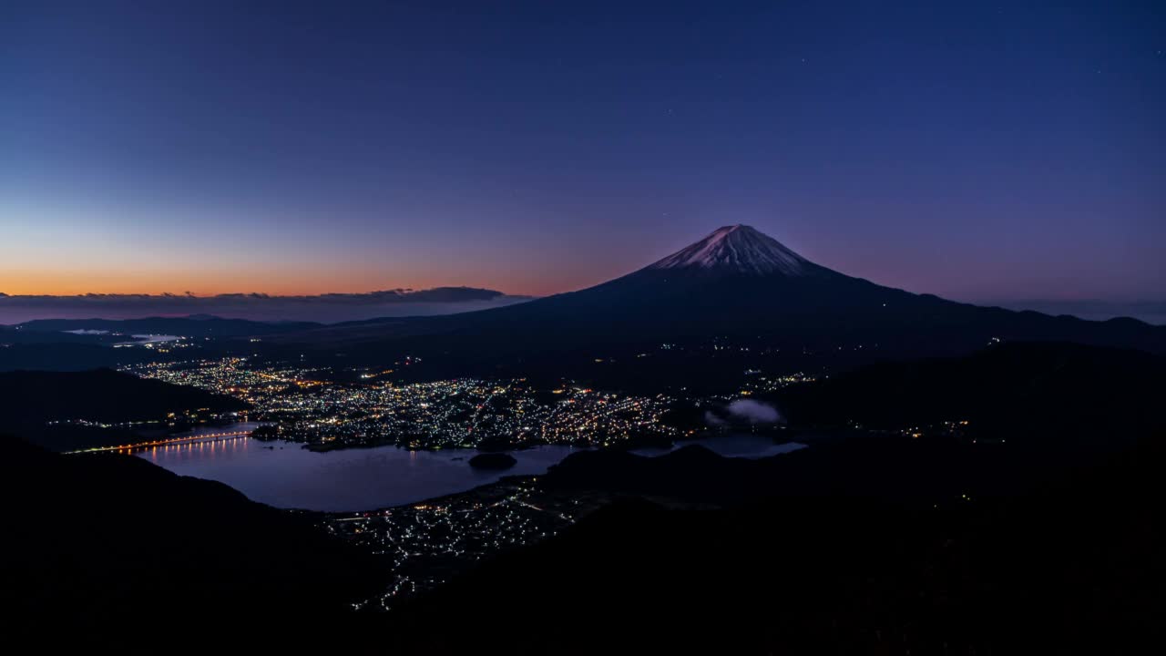 从Shindo Pass开始拍摄黎明时分的富士山和川口湖视频素材