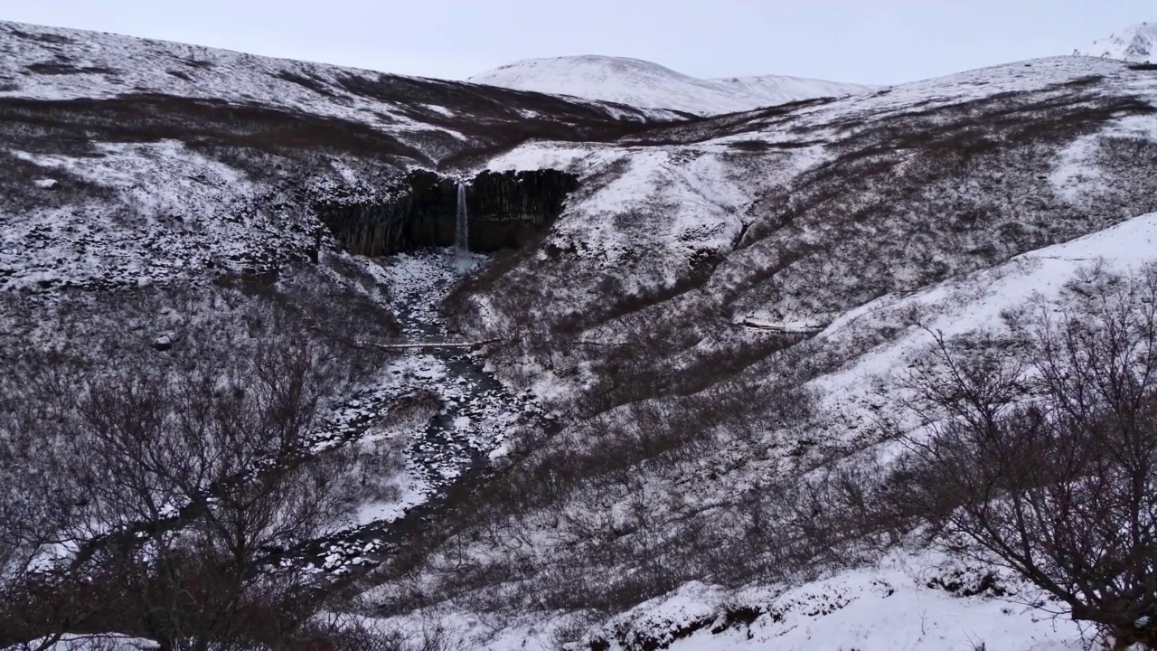 冰岛南部Vatnajökull国家公园内白雪覆盖的Skaftafell山脉的景色，著名的斯瓦蒂福斯瀑布在冬天被火山玄武岩柱包围。视频素材