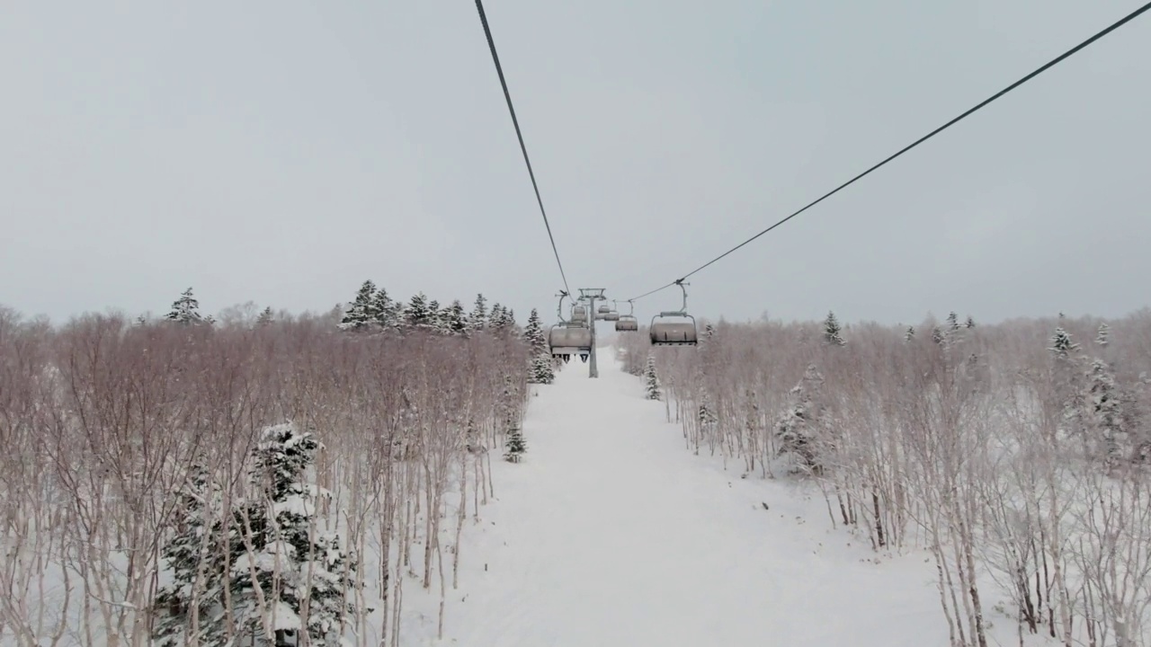 在被雪覆盖的松树之间的山坡上乘坐滑雪缆车。观点。寒假的概念视频素材