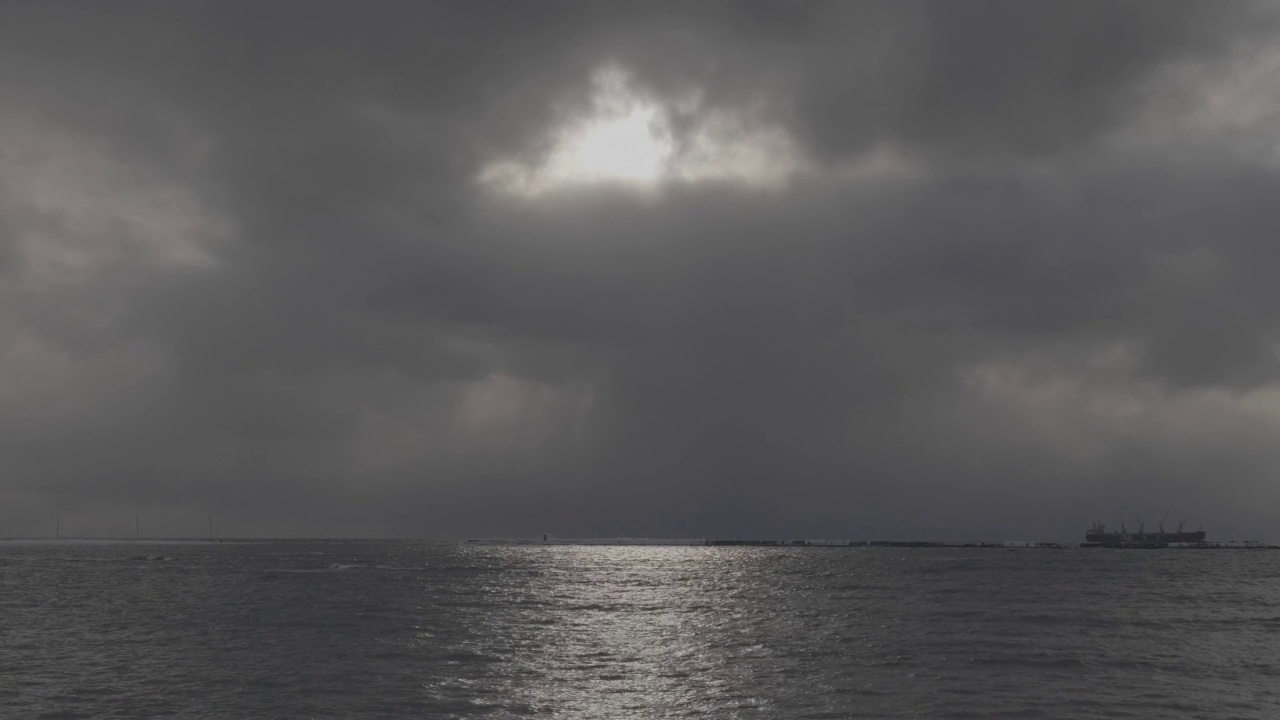 在下雨前看看大海和天空。黑暗的水和灰蒙蒙的天空。穆迪抑郁海景视频素材