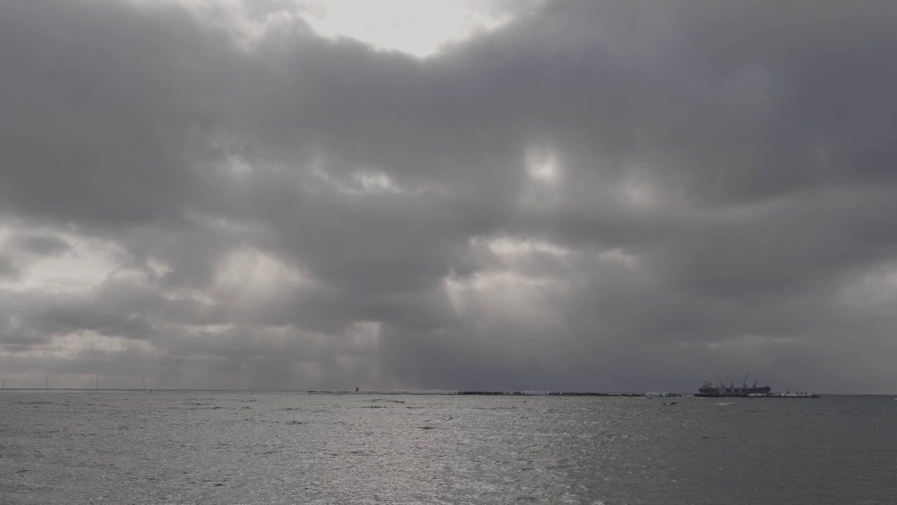 在下雨前看看大海和天空。黑暗的水和灰蒙蒙的天空。穆迪抑郁海景视频素材