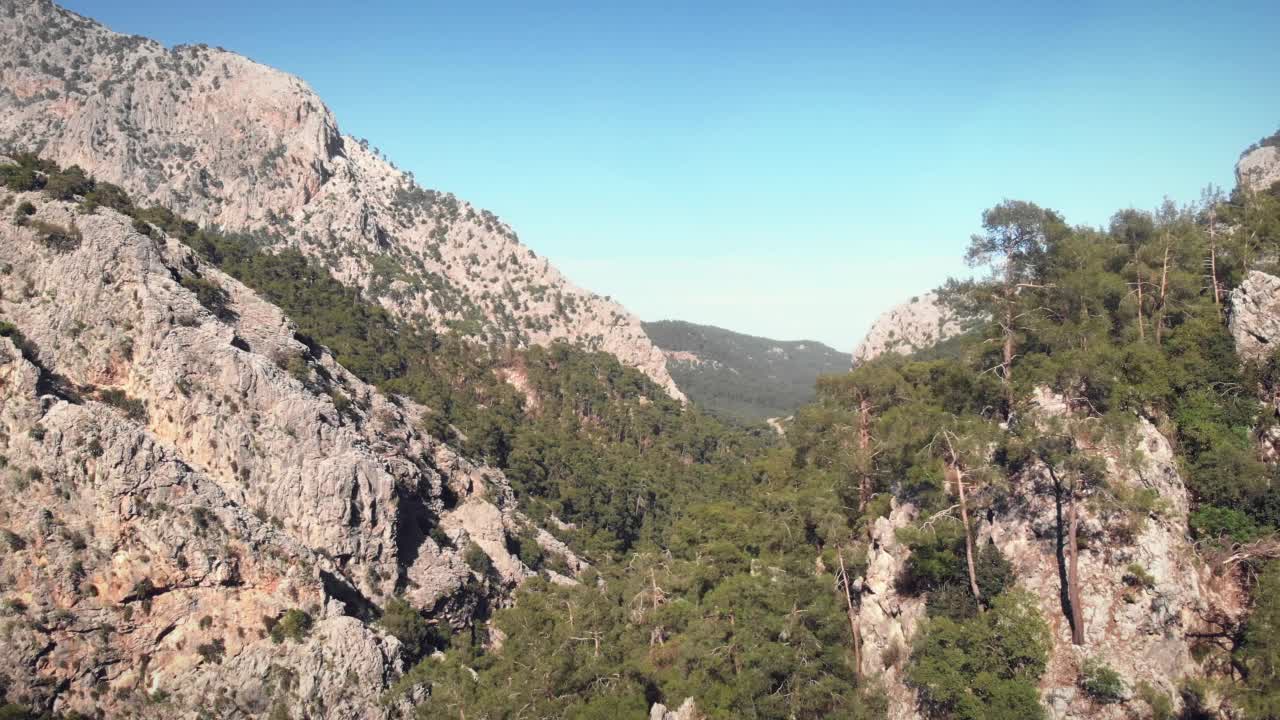 松树和云杉林覆盖在岩石丘陵和石头的风景山。在阳光明媚的夏日，飞越山林。飞越岩石地貌。美丽的大自然视频素材