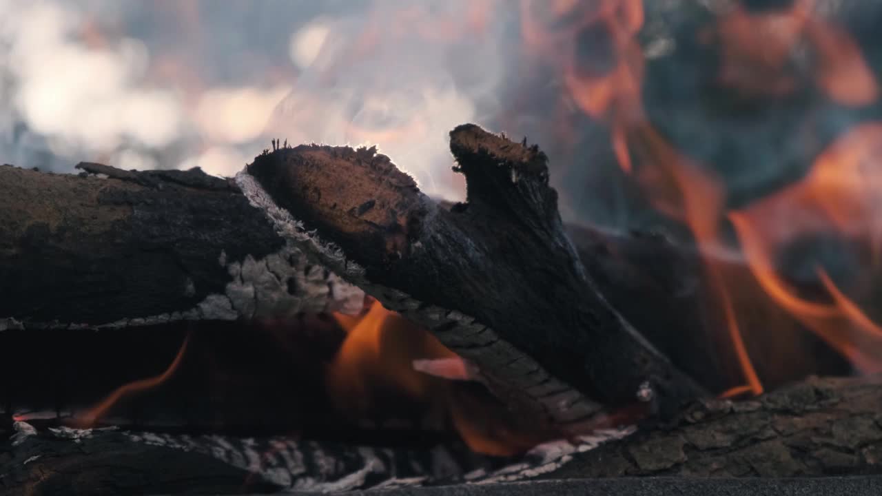 森林失火了。木柴燃烧着火焰和烟雾。在落日的背景下，树枝的燃烧接近尾声视频素材