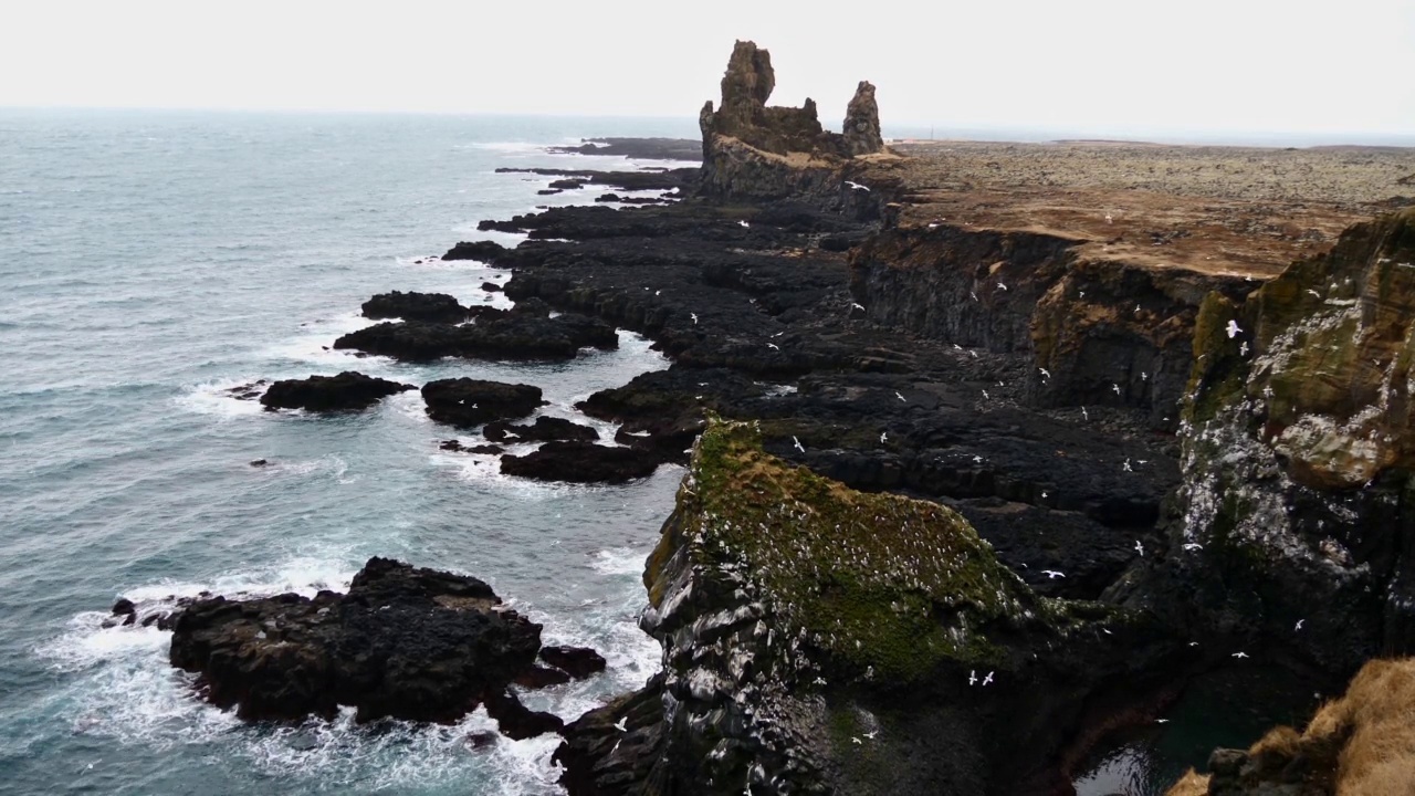 冰岛Snæfellsnes半岛西南海岸线的景色，在波涛汹涌的大西洋上，有飞翔的鸟儿，崎岖的悬崖和火山岩形成Lóndrangar。视频素材