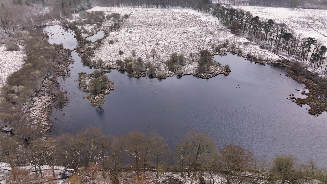 鸟瞰图的自然区域Witte Veen与雪，特温特，Overijssel，荷兰。视频素材