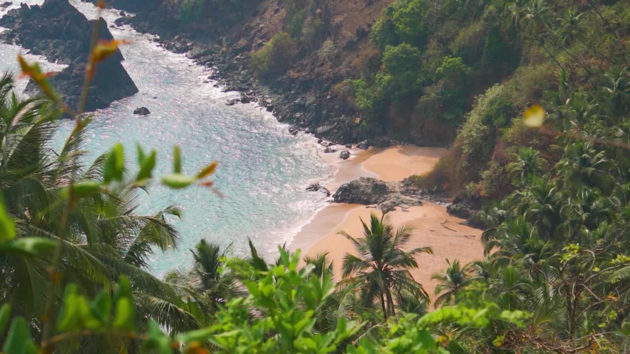 景观拍摄Kakolem海滩，从悬崖上看在印度南果阿。从悬崖上看到的海滩。棕榈树林旁边的海滩，没有人。未开发岛屿上的海滩。视频素材