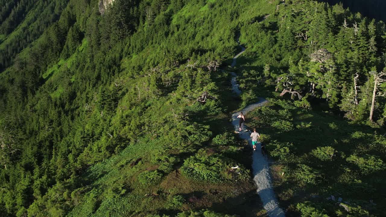 无人机拍摄的男性和女性跑步者在山上的一条小路上视频素材