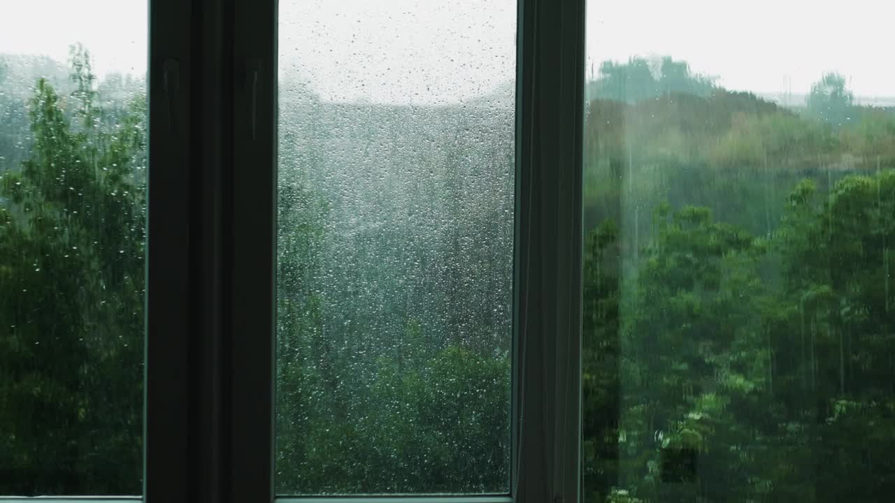 一个多雨的夏日，水滴顺着玻璃流下来，雨天树木在风中摇曳视频素材