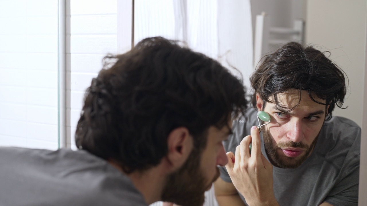 男人用玉辊。男士面部按摩。抗衰老护肤程序视频素材