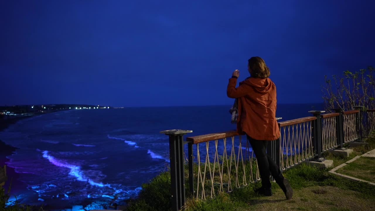 成熟的女人在黄昏的海岸线上看海景视频素材