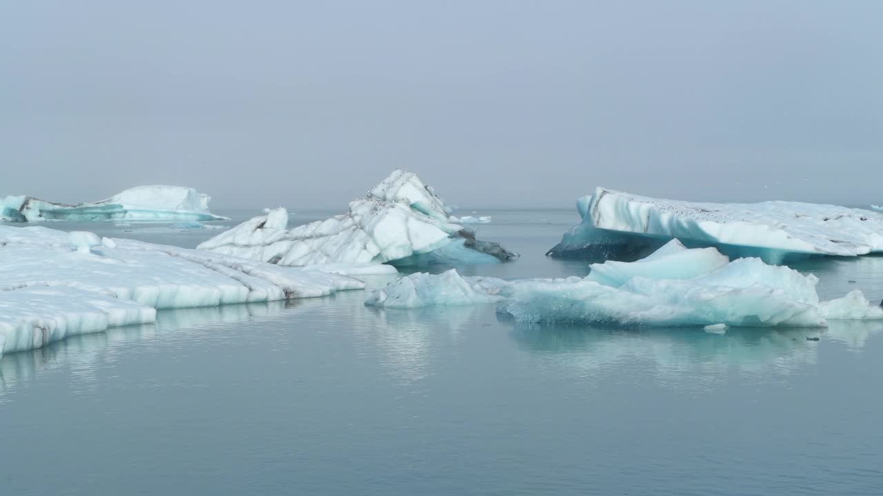 Jökulsárlón冰山泻湖的冰山和海鸥。Jökulsárlón泻湖，Vatnajökull国家公园，奥地利，冰岛。视频素材