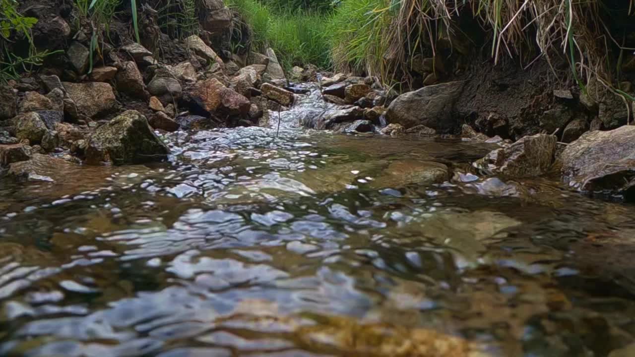 湍急的山河水流缓慢流过岩石。特写镜头视频素材