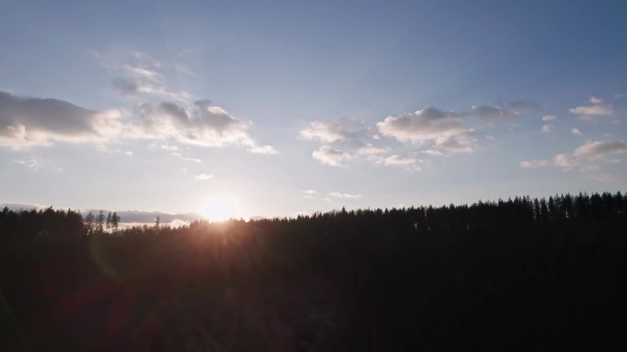 夕阳在山间小山上的树丛中闪烁。魔法时刻，生态和伐木理念，停止破坏地球。视频素材