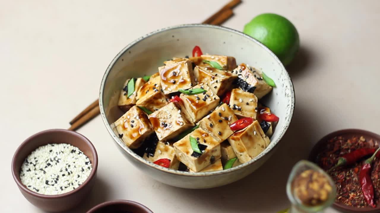 红烧豆腐配葱、辣椒和芝麻。亚洲食品。素食。健康饮食。视频素材