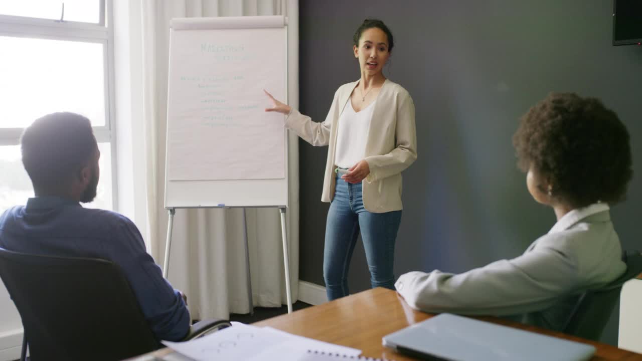 一位年轻的女商人正在会议室里给她的同事做报告视频素材