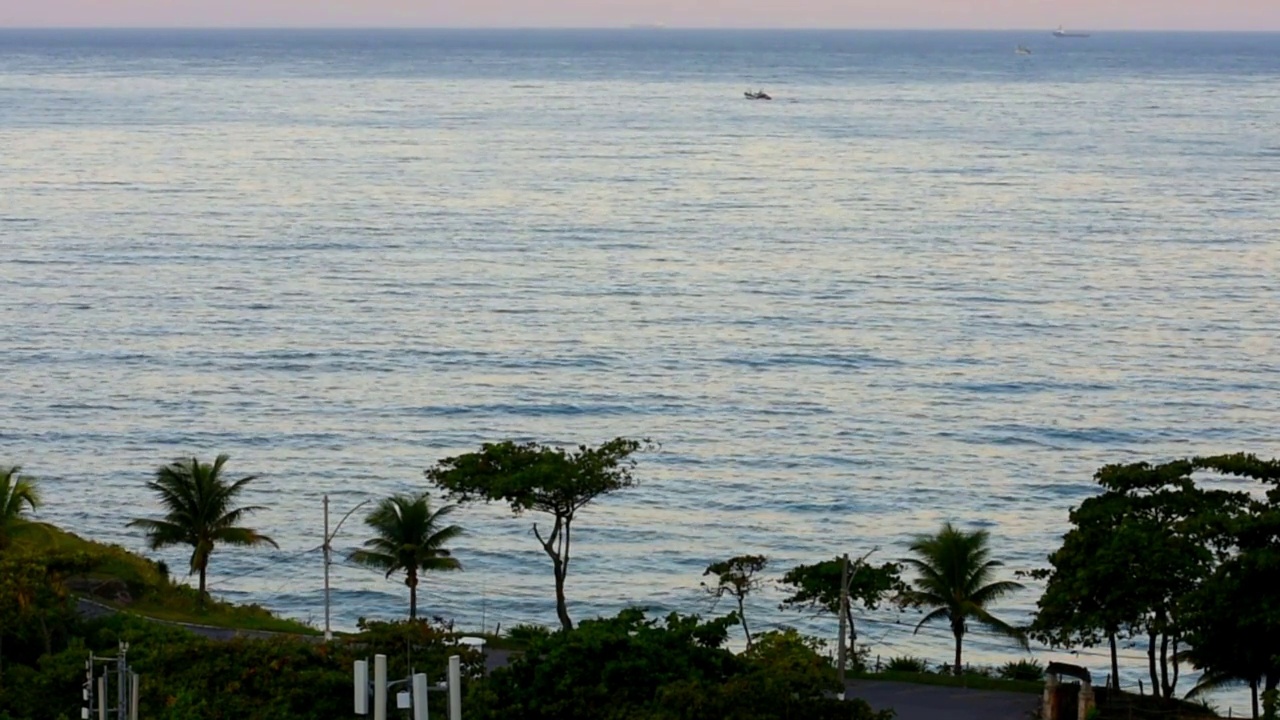 大西洋海岸附近的热带科帕卡巴纳海滩树木，蓝色的海浪视频素材