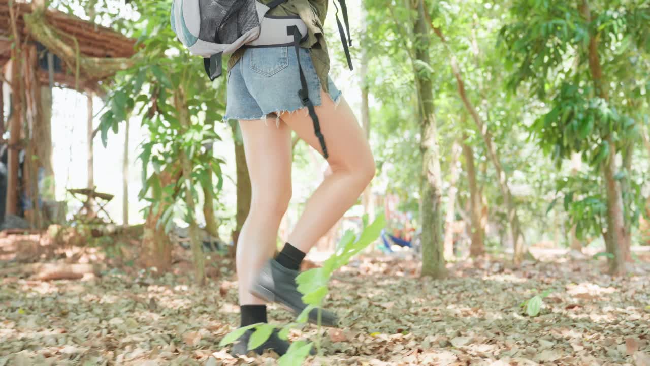 亚洲年轻美丽的女人背包旅行独自在森林野生。迷人的女孩旅行者环顾四周，探索，而在大自然的木材与幸福和乐趣的假期旅行。视频素材