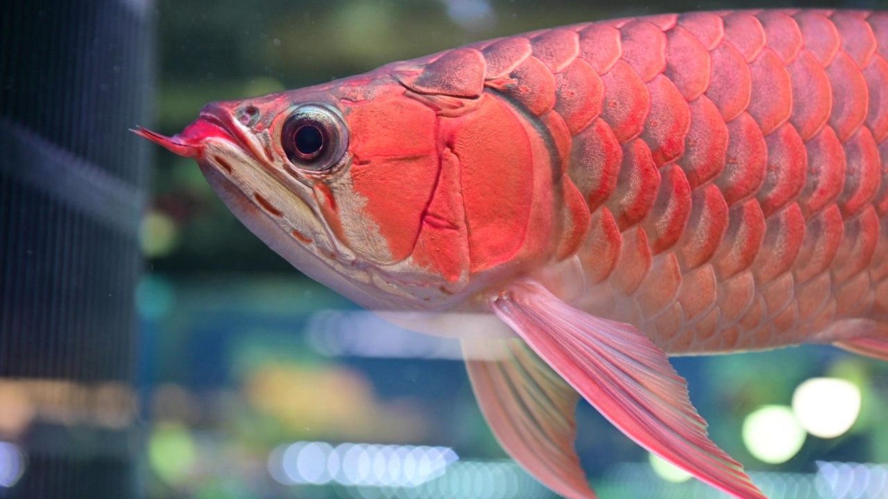 4K水族箱上超红龙鱼近景特写视频素材