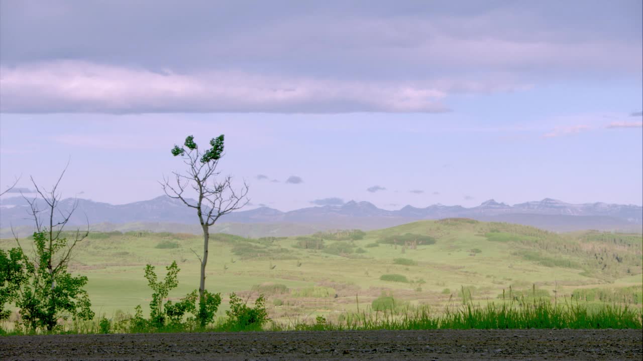 广角的山丘，草地，田野。从路边过来。农村或农村地区视频素材