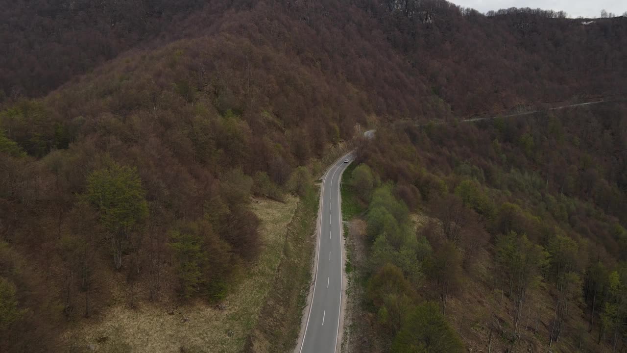 在道路上的俯瞰无人机跟随汽车，而驾驶旅游和旅游运输的概念，在秋天或冬天的一天，穿过田野和树木在塞尔维亚Knjazevac附近的老山stara planina视频素材